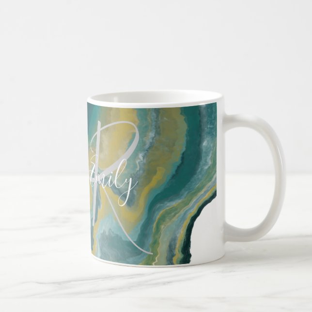Sea Green Agate Marble Abstract Name Monogram Coffee Mug (Right)