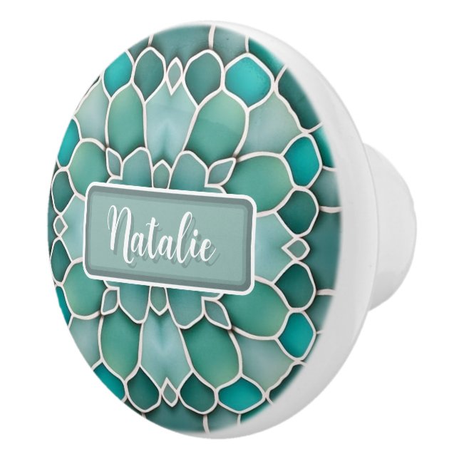 Sea green and aqua glass collage with own name ceramic knob (Right)