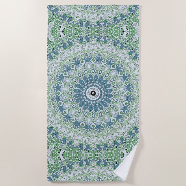 Sea Green and Blue Coastal Mandala Pattern Beach Towel (Front)