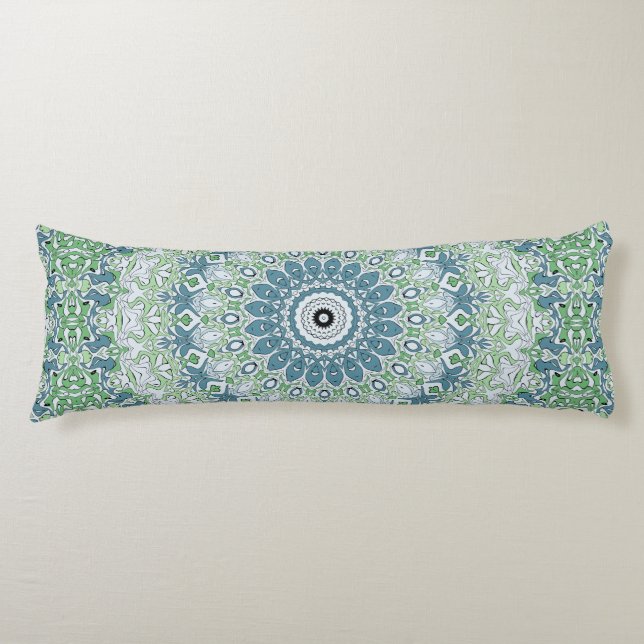 Sea Green and Blue Coastal Mandala Pattern Body Cushion (Front)