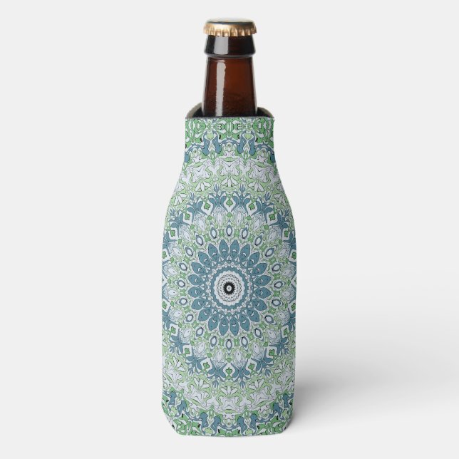 Sea Green and Blue Coastal Mandala Pattern Bottle Cooler (Bottle Front)
