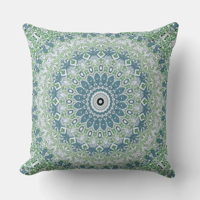 Sea Green and Blue Coastal Mandala Pattern Cushion (Front)