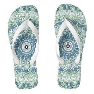 Sea Green and Blue Coastal Mandala Pattern Flip Flops