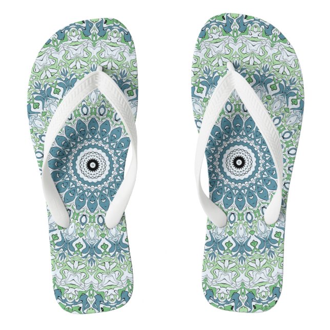 Sea Green and Blue Coastal Mandala Pattern Flip Flops (Footbed)