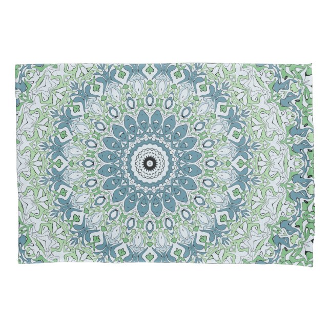 Sea Green and Blue Coastal Mandala Pattern Pillowcase (Front-Left)