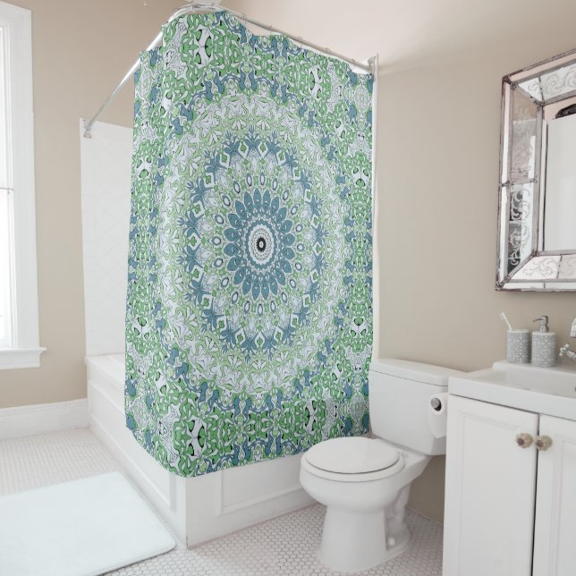Sea Green and Blue Coastal Mandala Pattern Shower Curtain (In Situ)