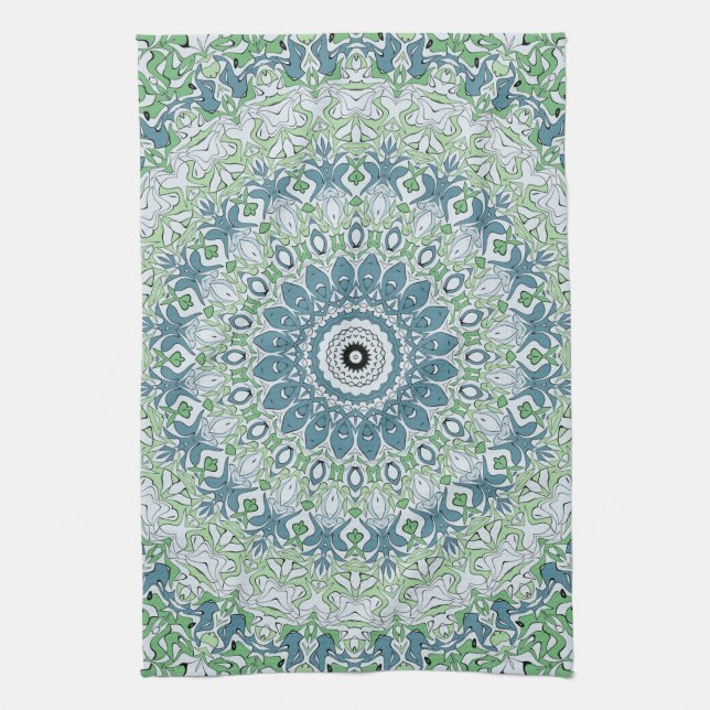 Sea Green and Blue Coastal Mandala Pattern Tea Towel (Vertical)