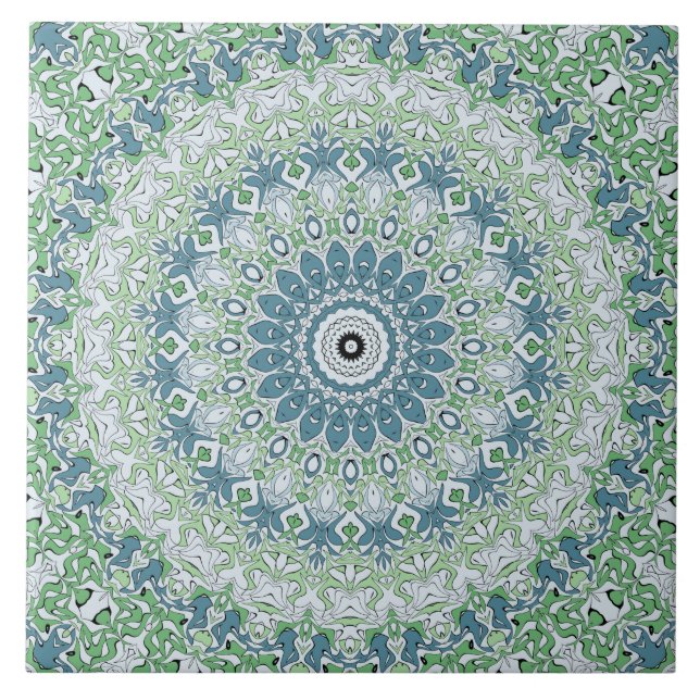 Sea Green and Blue Coastal Mandala Pattern Tile (Front)