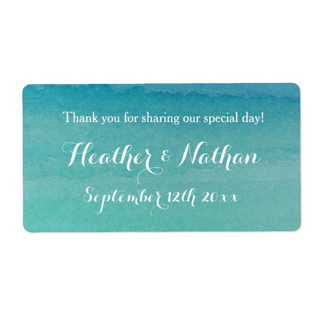 Sea green beach wedding wine or water bottle label (Front)