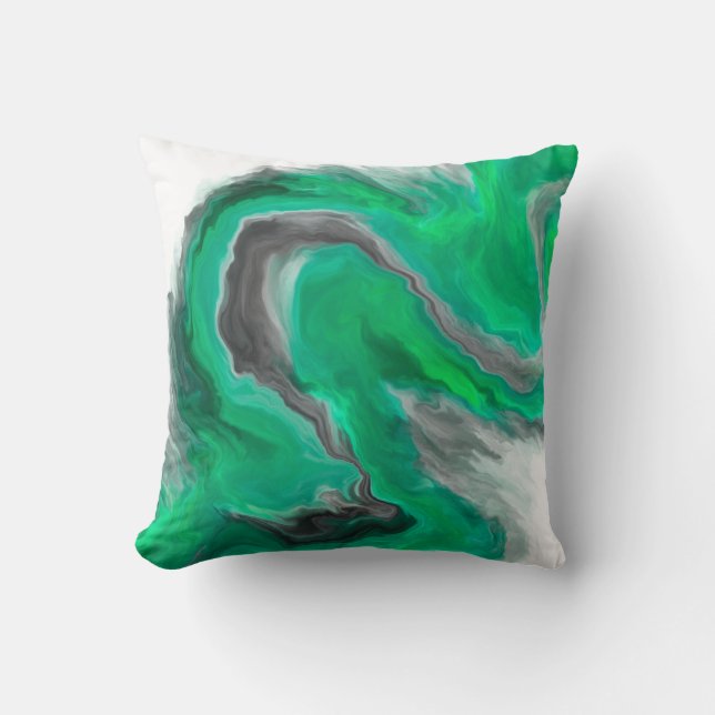Sea Green Black Grey Jewel Tone Fluid Art Painting Cushion (Front)
