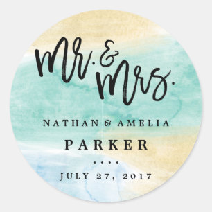 Sea Green Blue Gold Watercolor Wedding Sticker
