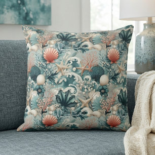 Sea Green Coastal Decor Tropical Corals Seashells Cushion