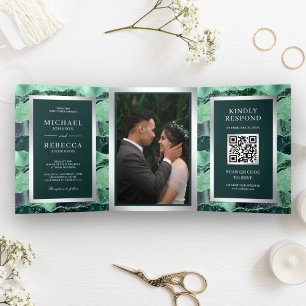 Sea Green Glitter Agate Marble QR Code Wedding Tri-Fold Invitation