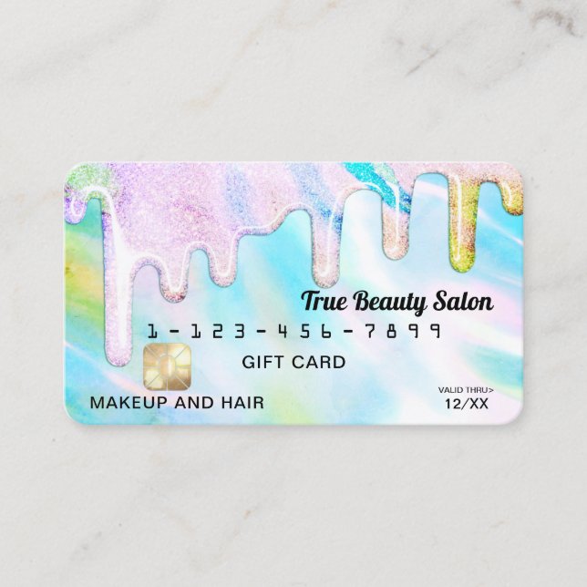 Sea Green Holographic Glitter Drips Gift Credit Business Card (Front)