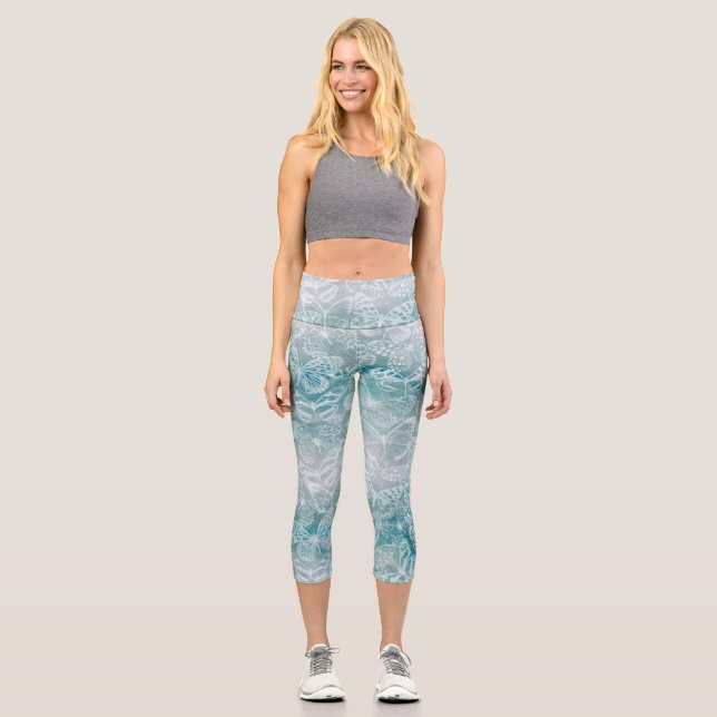 Sea green marble butterflies capri leggings (Front)