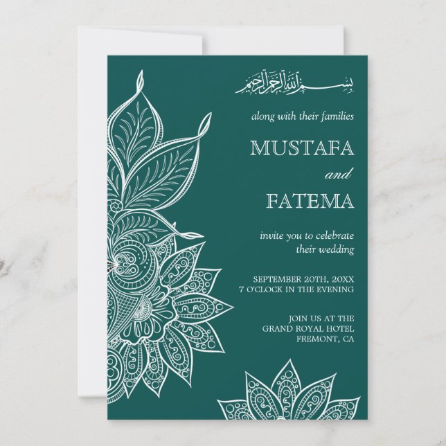 Sea Green Mehendi Henna Islamic Wedding Invitation (Front)