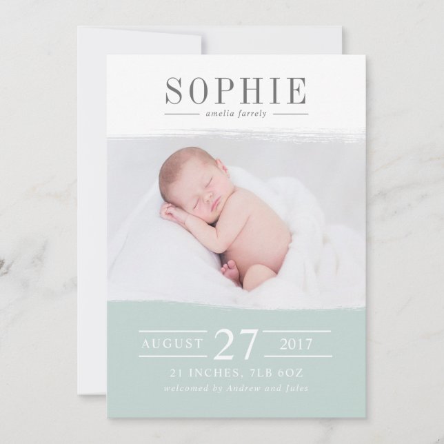 sea green perfection photo birth announcement card (Front)