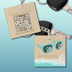 Sea Green Polka Dots Glasses Name Smart Dynamic QR Key Ring