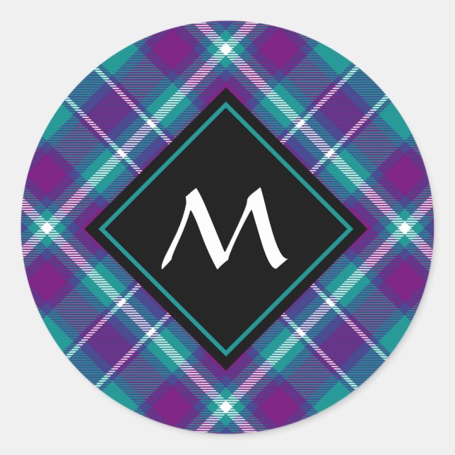 Sea Green, Purple and Blue Tartan Classic Round Sticker (Front)