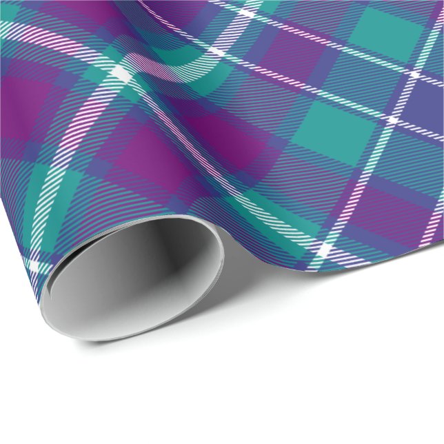 Sea Green, Purple and Blue Tartan Rotated Wrapping Paper (Roll Corner)