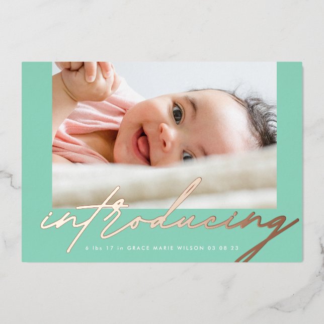 Sea Green Rose Gold Introducing Written Photo Baby (Front)