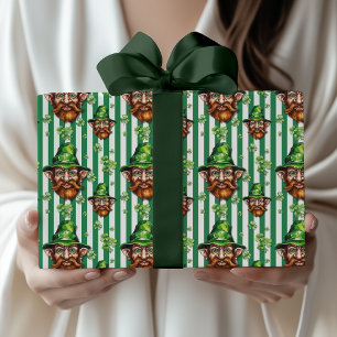 Sea Green Striped Funny Gnome Head St. Patrick Day Wrapping Paper