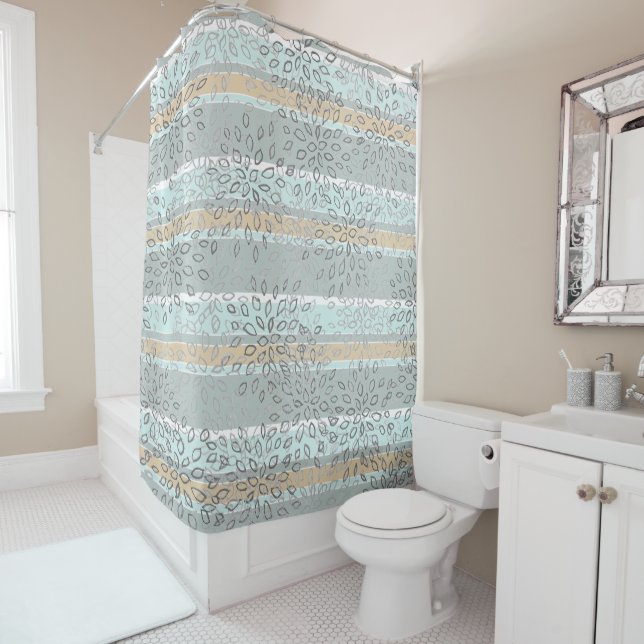 Sea Green Tan Stripes Grey White Leaves Pattern Shower Curtain (In Situ)