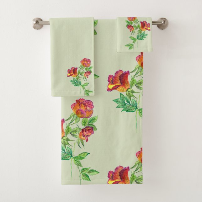 Sea Green, Vermillion Floral Bath Towel Set (Insitu)