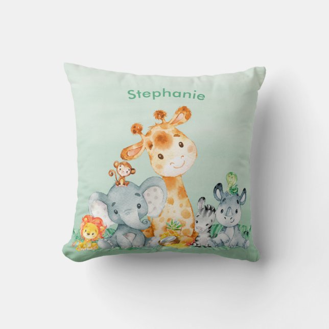 Sea Green Watercolor Cute Safari Jungle Animals Cushion (Front)