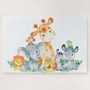 Sea Green Watercolor Cute Safari Jungle Animals Jigsaw Puzzle
