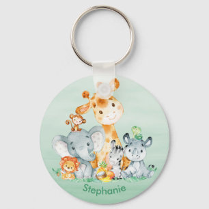 Sea Green Watercolor Cute Safari Jungle Animals Key Ring