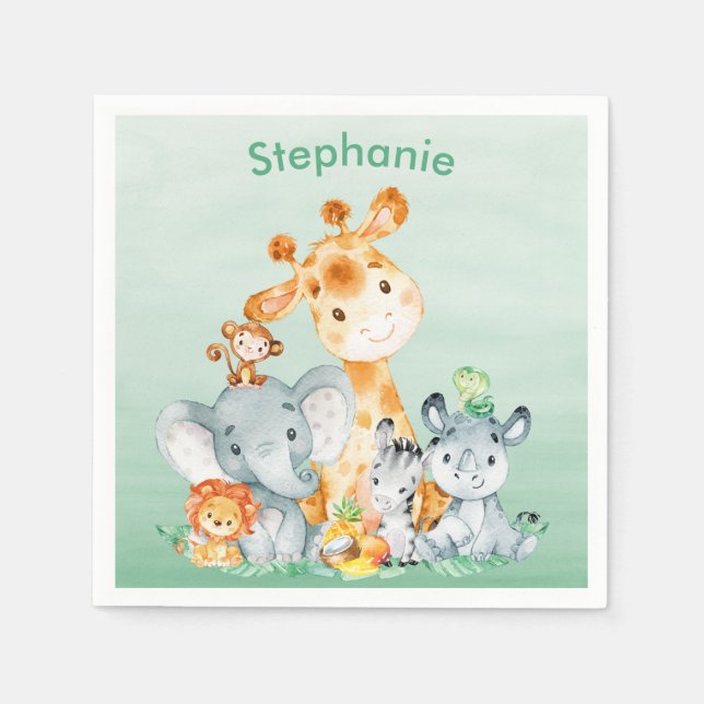 Sea Green Watercolor Cute Safari Jungle Animals Napkin (Front)
