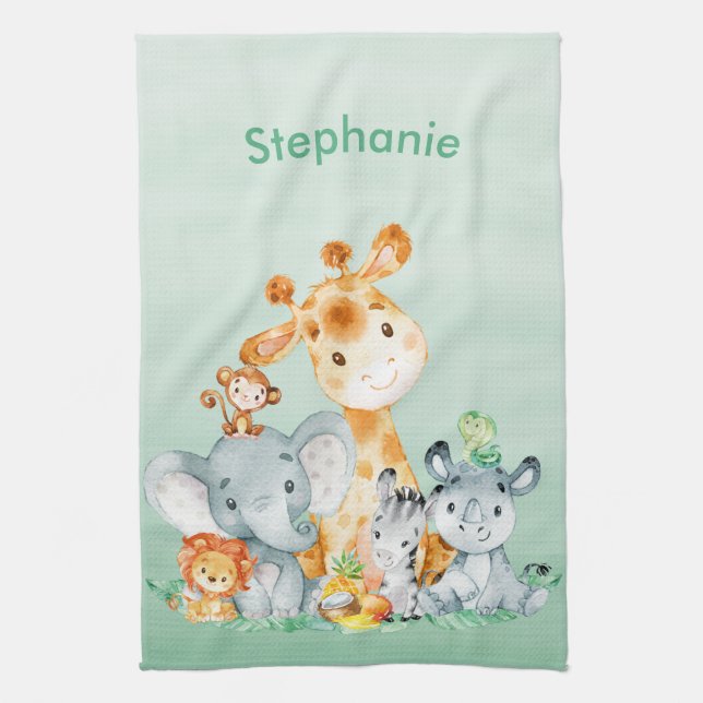 Sea Green Watercolor Cute Safari Jungle Animals Tea Towel (Vertical)