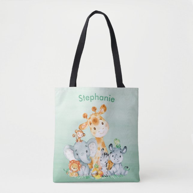 Sea Green Watercolor Cute Safari Jungle Animals Tote Bag (Front)