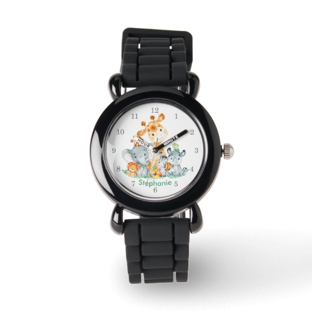 Sea Green Watercolor Cute Safari Jungle Animals Watch (Front)