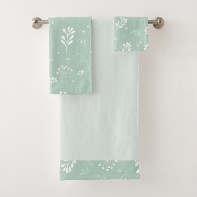 Sea Green White Leaf Theme Towel Set (Insitu)