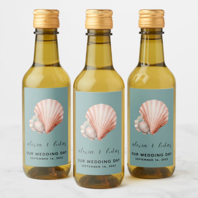 Sea Green with Shell "Our Wedding Day" Mini Wine Label (Bottles)