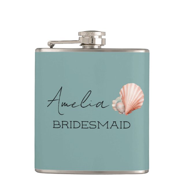 Sea Green with Shell Personalised Bridal Hip Flask (Front)