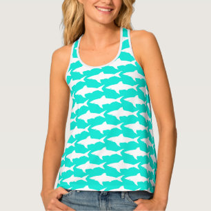 Sea green women's tank top with white shark print