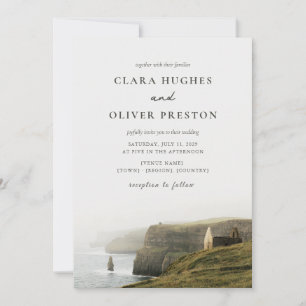 Sea Grey Olive Serif Script Irish Cliffs Wedding Invitation