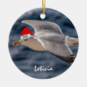 Sea Gull in Santa Hat Christmas Ceramic Tree Decoration