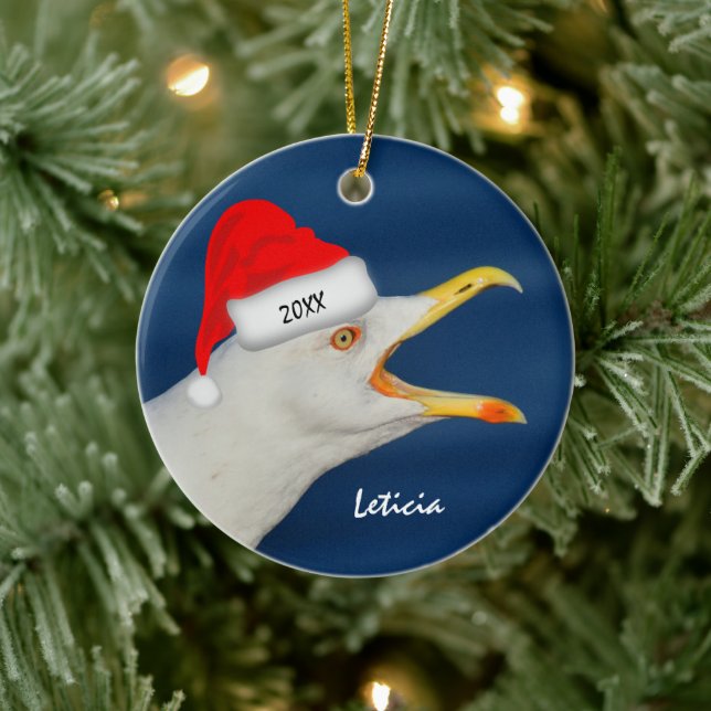 Sea Gull in Santa Hat Christmas Ceramic Tree Decoration (Tree)