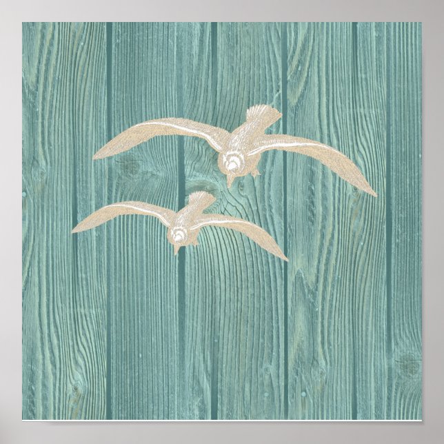 Sea Gull Vintage Aqua Wood Beach Poster (Front)