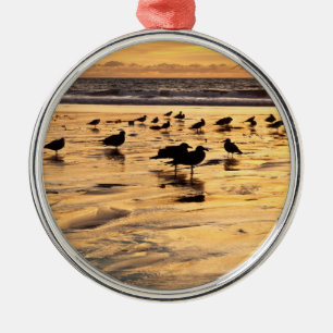 Sea Gulls On Beach At Sunset Metal Tree Decoration