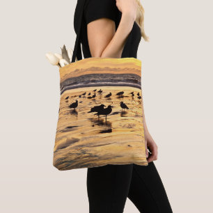 Sea Gulls On Beach At Sunset Tote Bag
