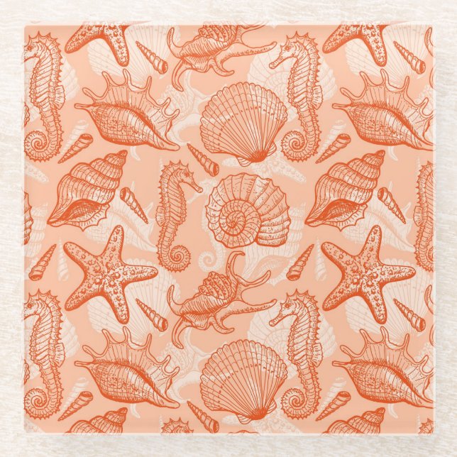 Sea hand drawn pattern glass coaster (Front)