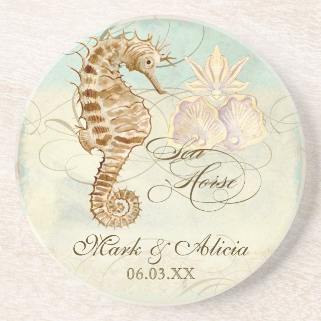 Sea Horse Coastal Beach - Personalised Wedding Coaster (Front)