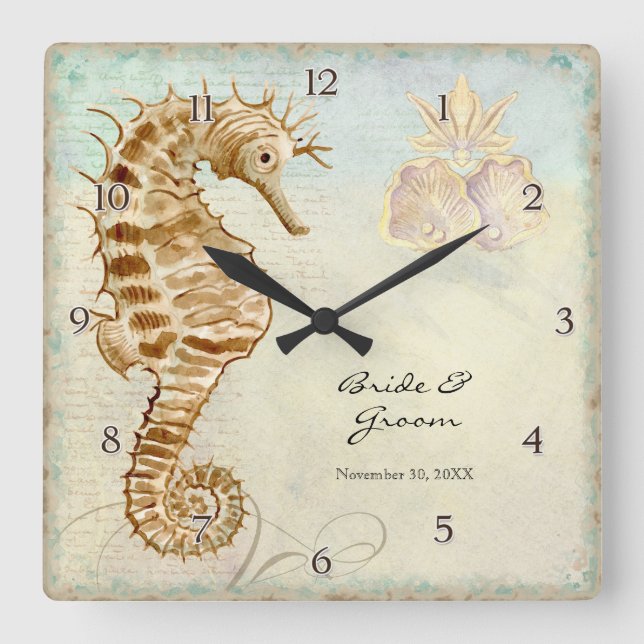 Sea Horse Coastal Beach Personalised Wedding Gift Square Wall Clock (Front)