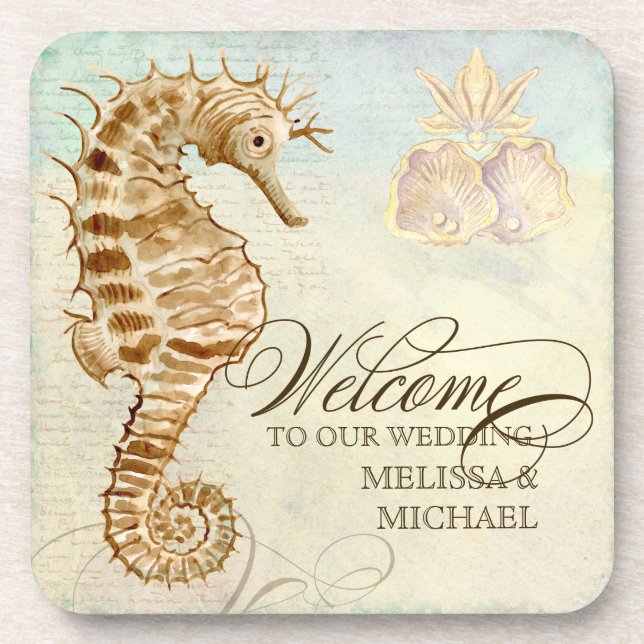 Sea Horse Coastal Shore - Welcome to our Wedding Coaster (Front)