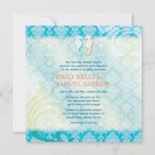 Sea Horse Couple Jewelled Damask Beach Wedding Invitation